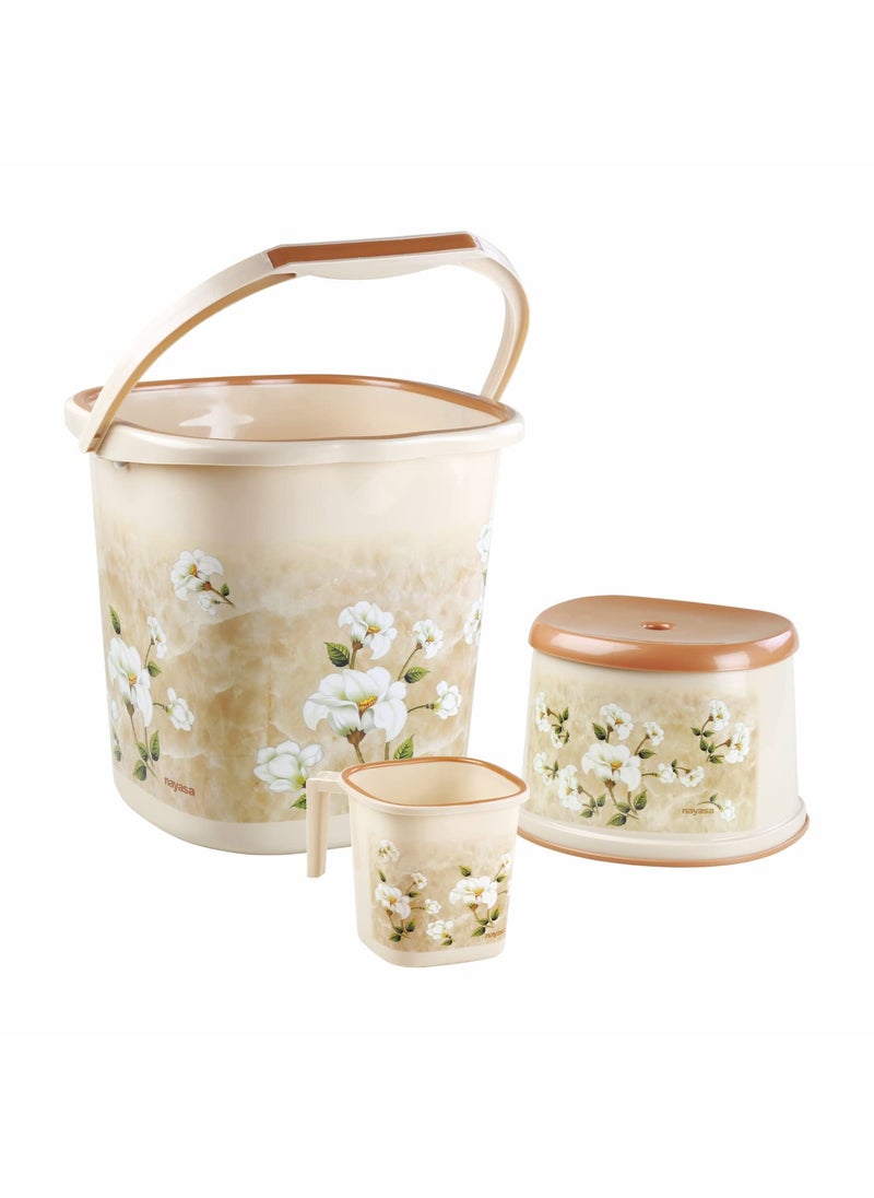 NAYASA Nayasa Marble Bathroom Set, Set of 3 (18 Litre Bucket + 1500 ML Mug + Stool), of Plastic Bathroom Set, Ideal for Home & Office, Medium, Cream 