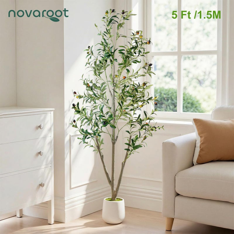 NOVAROOT Olive Trees Artificial Indoor, 5FT Tall Faux Olive Tree with Moss and Planter, Artificial Plants Indoor with Natural Wood Trunk and Lifelike Fruits, Fake Tree for Home Office Living Room Decor - Image 2