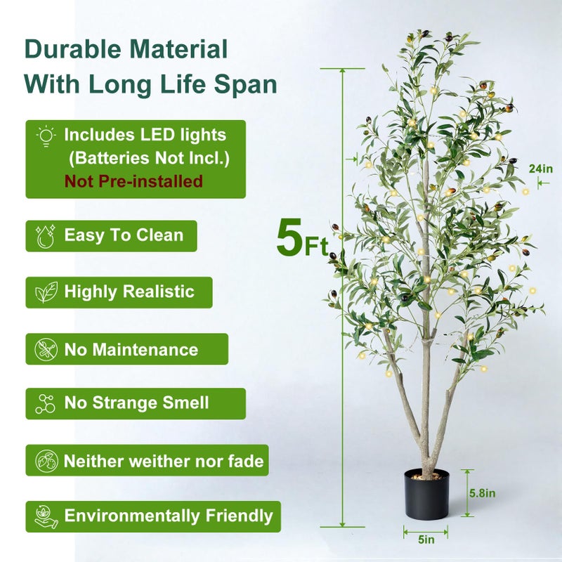 NOVAROOT Olive Trees Artificial Indoor, 5FT Tall Faux Olive Tree with Moss and Planter, Artificial Plants Indoor with Natural Wood Trunk and Lifelike Fruits, Fake Tree for Home Office Living Room Decor - Image 3