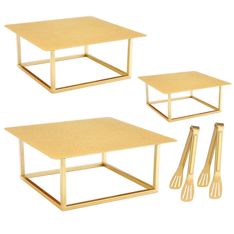 Dualshine 3 Pcs Square Gold Cake Stand Set 8 10 12 Elegant Wedding Cake Stands  Dessert Table Display  Perfect for Birthday Wedding Reception  Party Decor  Includes 2 Gold Tongs Metal
