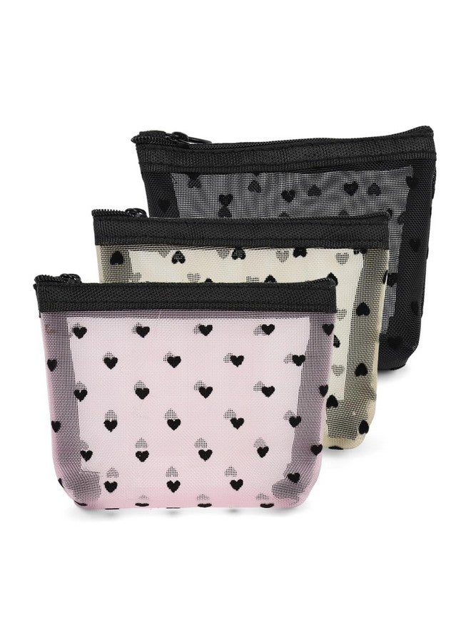 MAYCREATE® 3Pcs Small Pouches for Women,Mini Mesh Lipstick Makeup Pouch,Zipper Coin Pouch Purse Heart Prints Small Cosmetic Bags See-Through Accessories Storage Organizer 12x9cm - Image 1