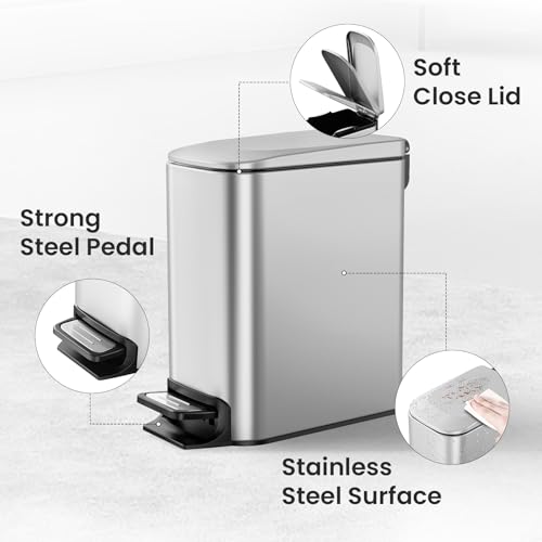 Cesun Small Bathroom Trash Can with Lid Soft Close, Step Pedal, 6 Liter / 1.6 Gallon Stainless Steel Mini Garbage Can for Office, Outdoor Trash Bin with Removable Inner Bucket (Silver) - Image 4