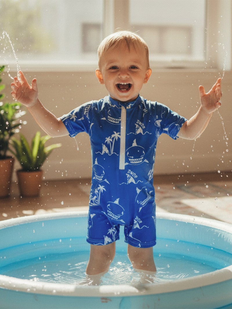 Toddler Baby Boys Rash Guard Swimsuits Fashionable Cute Shark Printed Short Sleeve Swimwear - Image 2