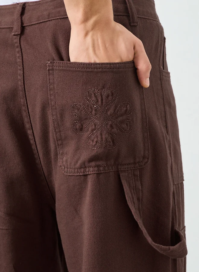 Styli Brown Men Brown Embroidered Detail Straight Fit Jeans for Men | Best Price UAE