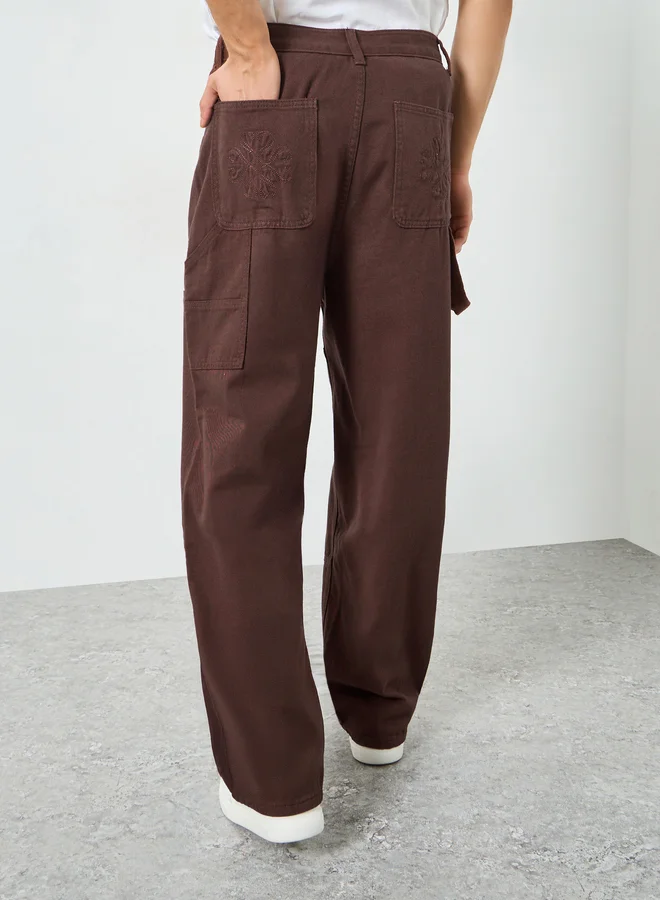 Styli Brown Men Brown Embroidered Detail Straight Fit Jeans for Men | Best Price UAE