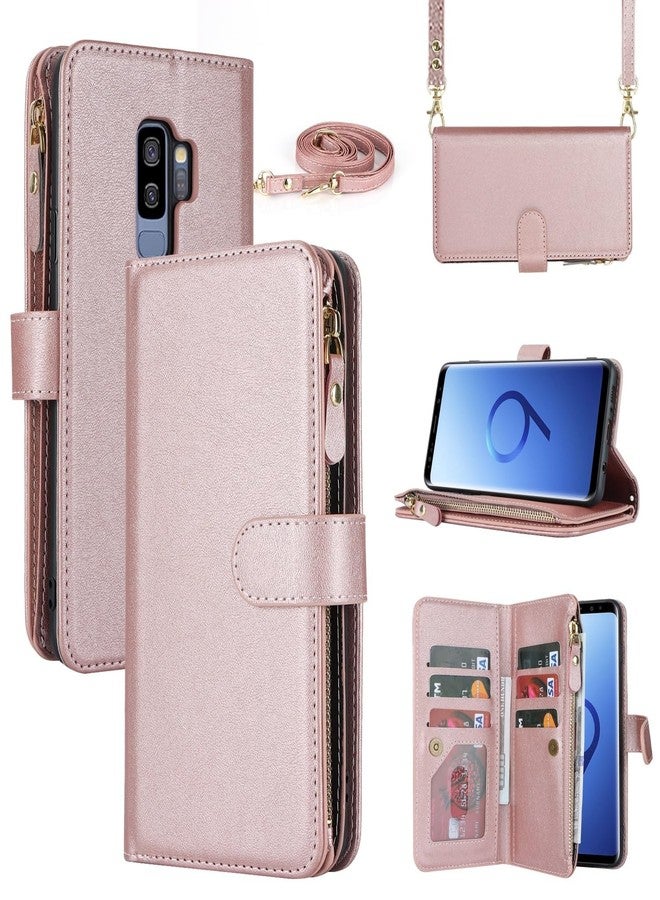 iCoverCase for Samsung Galaxy S9 Plus Wallet Case with Card Holder for Women, Crossbody Lanyard Strap Kickstand PU Leather Case with Zipper Pocket Credit Card Slots Cover (Rose Gold) - Image 1