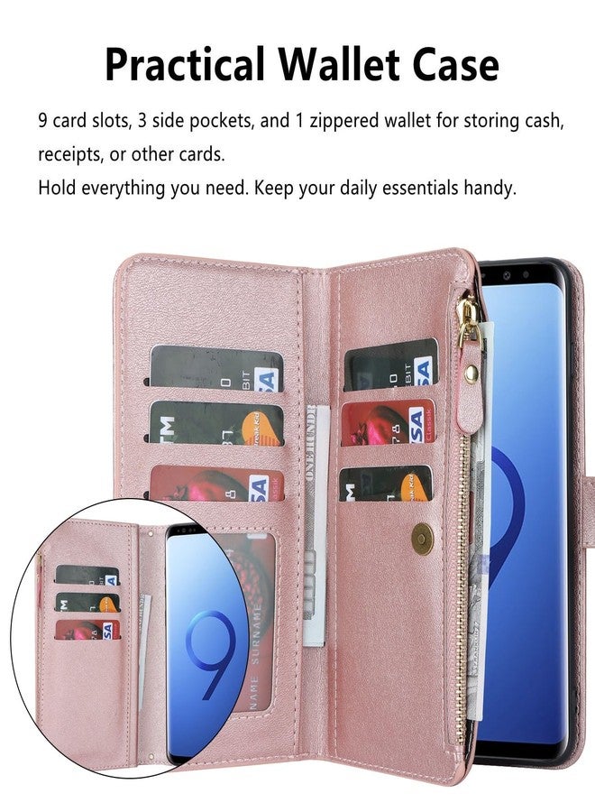 iCoverCase for Samsung Galaxy S9 Plus Wallet Case with Card Holder for Women, Crossbody Lanyard Strap Kickstand PU Leather Case with Zipper Pocket Credit Card Slots Cover (Rose Gold) - Image 4