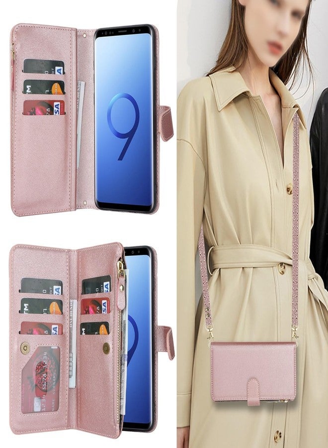 iCoverCase for Samsung Galaxy S9 Plus Wallet Case with Card Holder for Women, Crossbody Lanyard Strap Kickstand PU Leather Case with Zipper Pocket Credit Card Slots Cover (Rose Gold) - Image 3