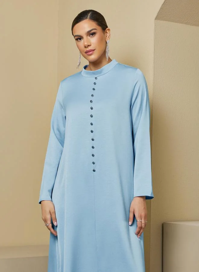 Styli Stand Collar Front Slit Jalabiya with Buttons Details