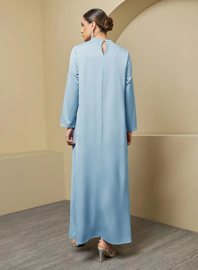 Styli Stand Collar Front Slit Jalabiya with Buttons Details