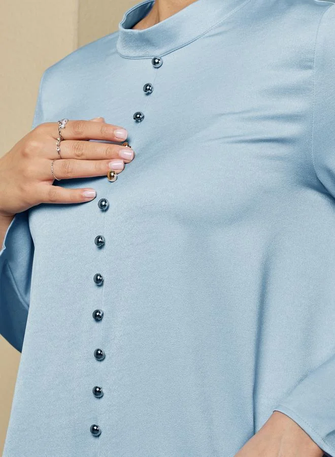 Styli Stand Collar Front Slit Jalabiya with Buttons Details