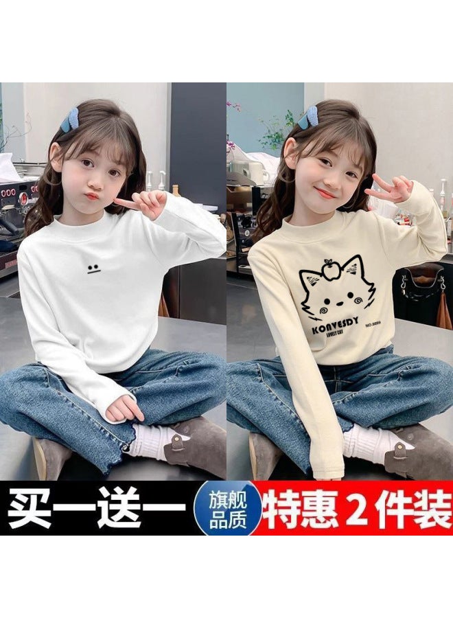 Girls' Double-sided Velvet Long-sleeved T-shirt New Medium And Large Children's Outer Wear Pullover Half Turtleneck Warm Base Layer Shirt
