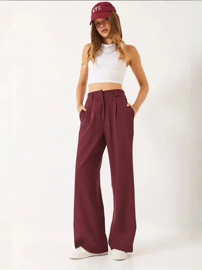 Bianco Lucci LUCCI Wide Leg Pleated Pants with Hook and Loop Closure