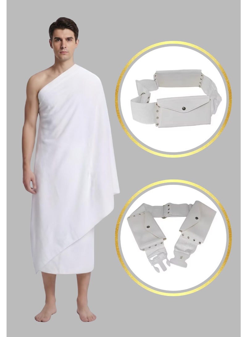 My Cotton Ihram Towel with Belt Bag – 2-Piece Islamic Men’s Towel Set – Soft & Absorbent Ehram/Ahram Towels – Hygienic Hajj & Umrah Essentials – White - Image 1