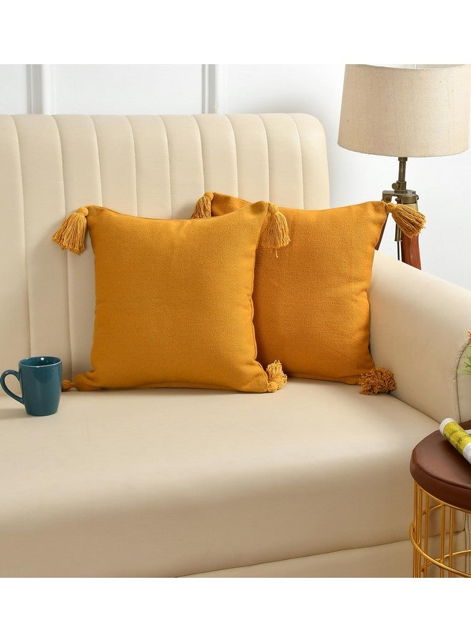 SASHAA WORLD 100% Cotton Cushion Covers with Tassels/Decorative Throw Pillow Set of 2 (16x16 inches, Mustard) - Image 1