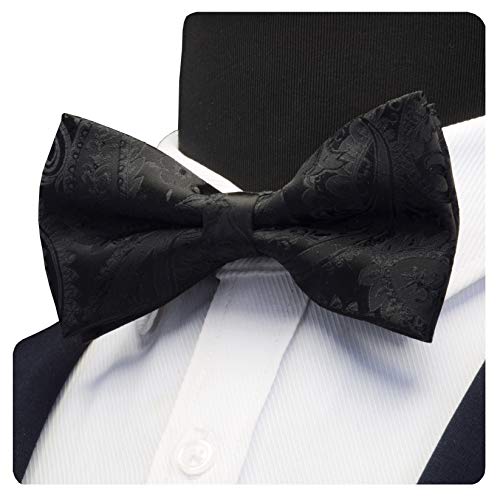 GUSLESON Black Paisley Bow Tie Wedding Pre-tied Silk BowTies and Pocket Square Cufflink Set(0581-01) - Image 4