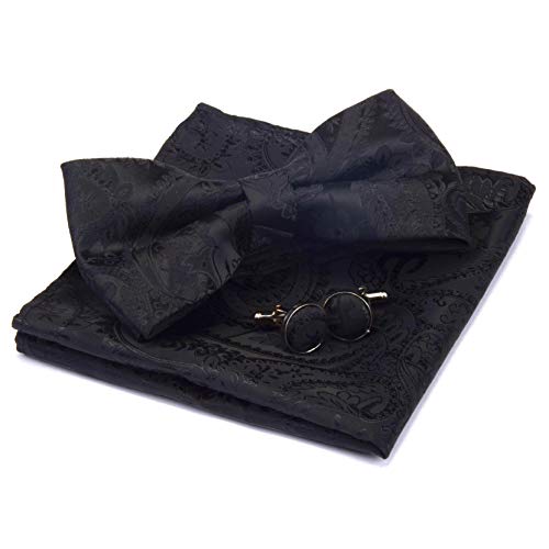 GUSLESON Black Paisley Bow Tie Wedding Pre-tied Silk BowTies and Pocket Square Cufflink Set(0581-01) - Image 1
