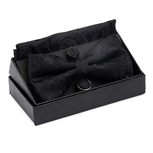 GUSLESON Black Paisley Bow Tie Wedding Pre-tied Silk BowTies and Pocket Square Cufflink Set(0581-01) - Image 2