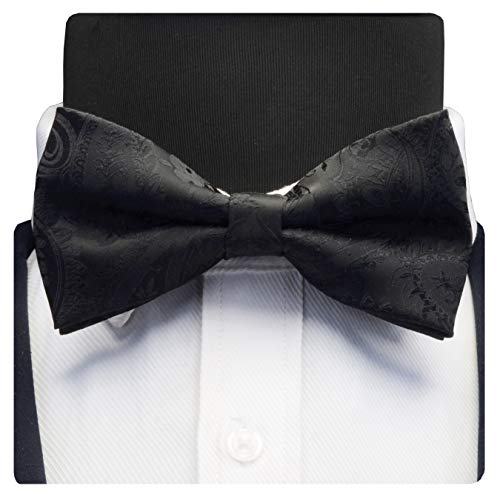 GUSLESON Black Paisley Bow Tie Wedding Pre-tied Silk BowTies and Pocket Square Cufflink Set(0581-01) - Image 3