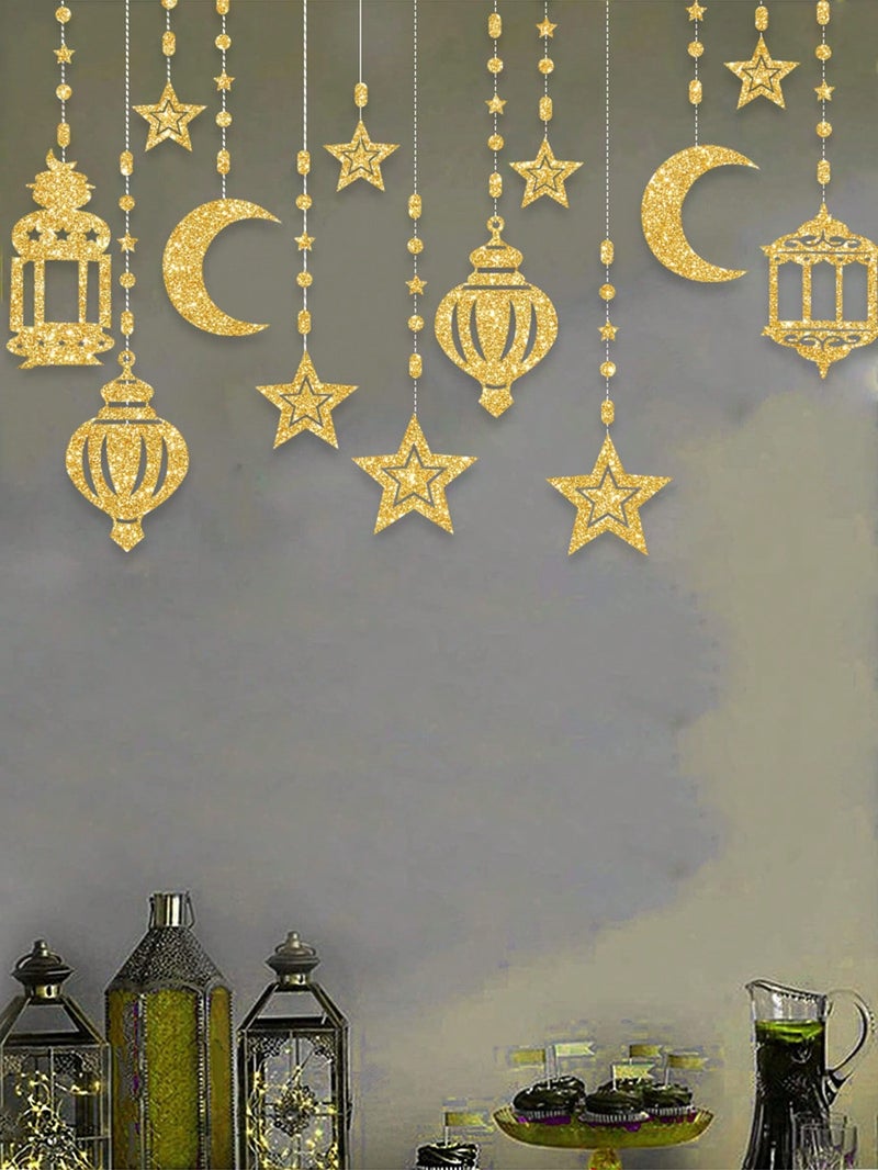 Ramadan Decoration Hanging Garland With Gold Moon, Stars And Lantern Design For Home And Party Decor - Image 1