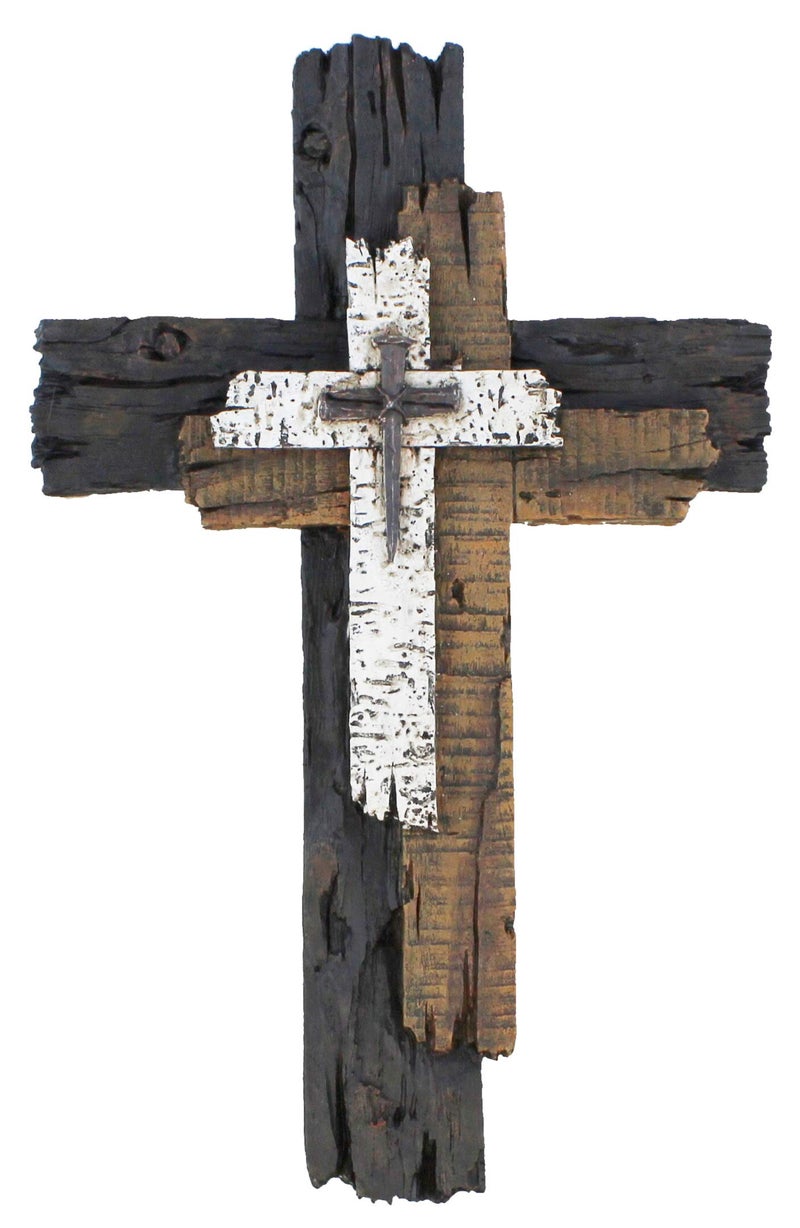 Top Brass Decorative Wall Cross - Rustic Multi Layered Weathered Wood Look Spiritual Art Sculpture - Image 1