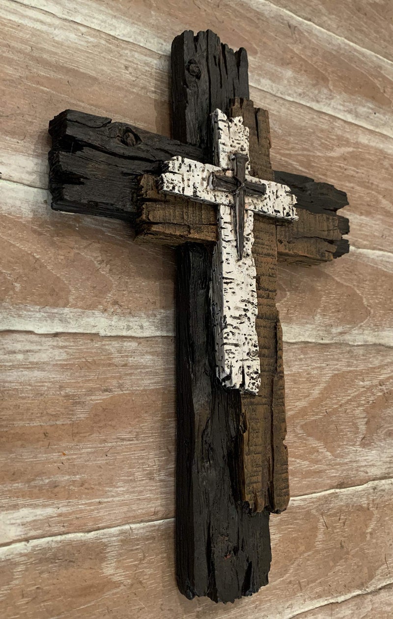 Top Brass Decorative Wall Cross - Rustic Multi Layered Weathered Wood Look Spiritual Art Sculpture - Image 2