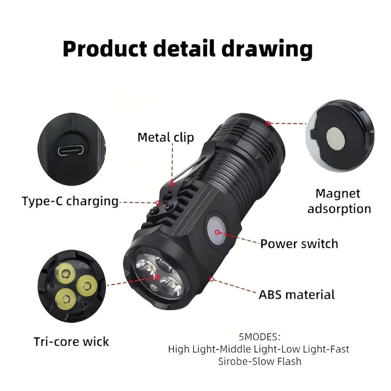 BRAINLE BRAINLE Rechargeable Mini Torch with Clip Magnet COB LED Camping Light Small Torch Light Pocket Flashlight Portable 3 Modes Pocket Light for Outdoor Adventures - Image 2