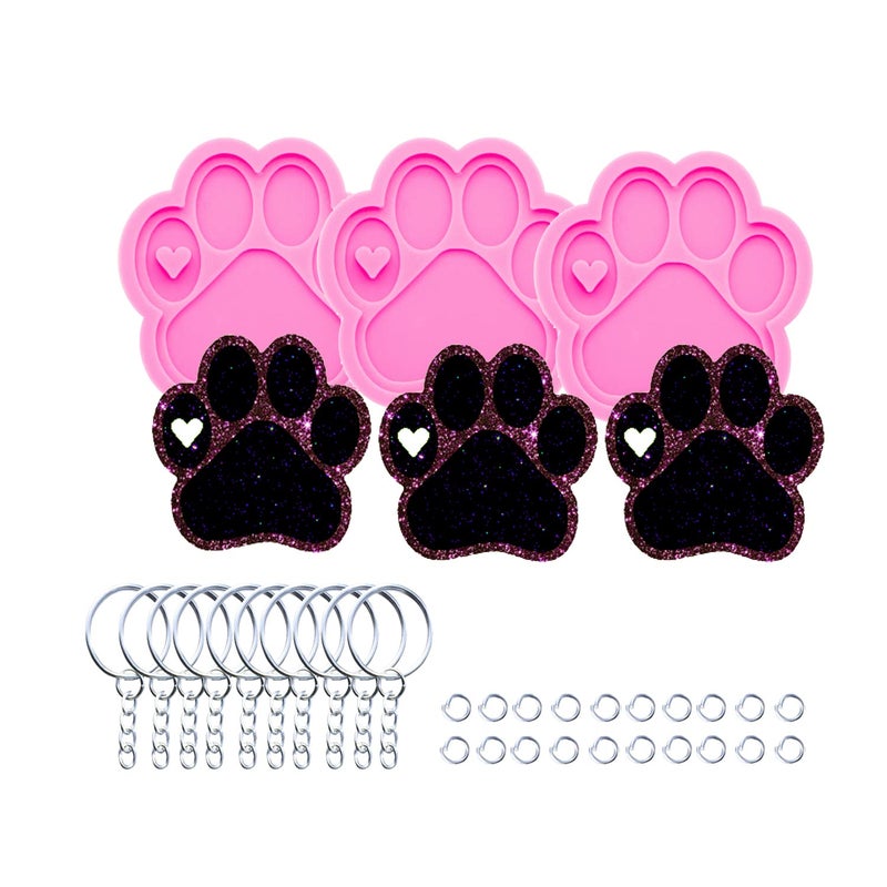 AMZTOART 3pc Shiny Paw with Heart Resin Silicone Mold Dog Paw Print Keychain Mould Crafts Epoxy Resin with 10PC Key RingDY0292DY0292DY0292