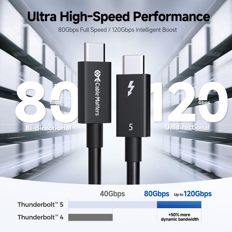 Cable Matters [Intel Certified 80Gbps Thunderbolt 5 Cable - 1m / 3.3ft, Supports up to 120Gbps Bandwidth Boost and 240W Charging, Compatible with Thunderbolt 4, USB4, and USB C, Black - Image 3