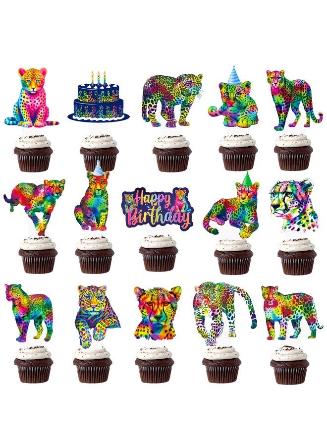 umoni Neon Rainbow Leopard Cupcake Toppers 48Pcs Leopard Birthday Party Decorations Cheetah Print Girl's Party Cake Decorations Leopard Cupcake Picks for Jungle Animals Party Supplies - Image 1