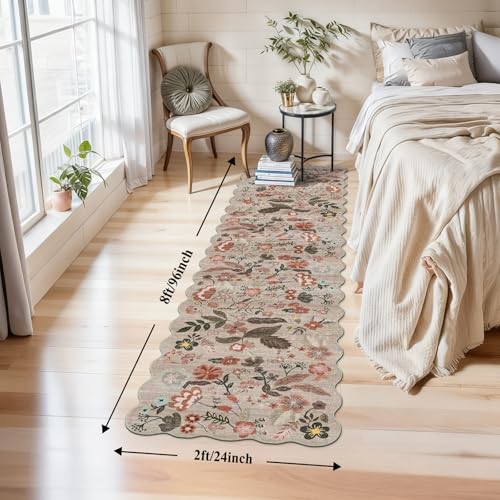 BYYVOO 2x8 ft NonSlip Washable Hallway Runner Rug Boho Vintage Floral Carpet Runner for Kitchen Bathroom Bedroom Entryway LowPile Thin Soft Rug with Scalloped Edge Beige Brown 2x8 - Image 3