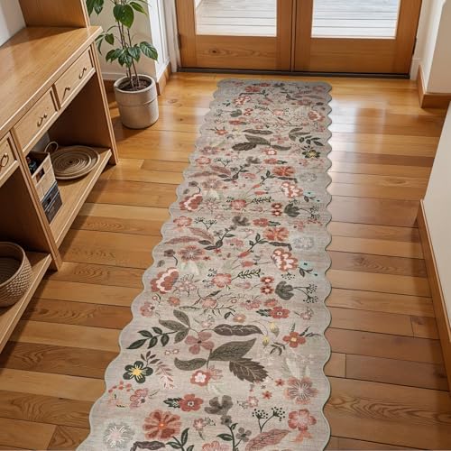 BYYVOO 2x8 ft NonSlip Washable Hallway Runner Rug Boho Vintage Floral Carpet Runner for Kitchen Bathroom Bedroom Entryway LowPile Thin Soft Rug with Scalloped Edge Beige Brown 2x8 - Image 1