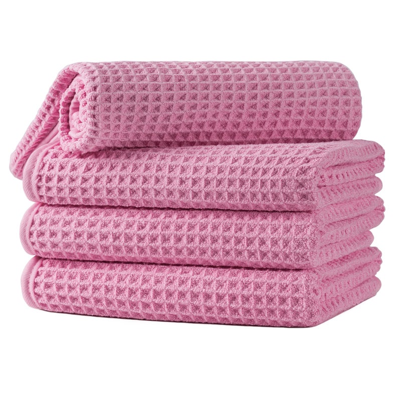 Microfiber Waffle Hand Towels, 4 Pieces, Soft, Absorbent, Fast Drying, Lint Free 430 GSM (Pink) - Image 1