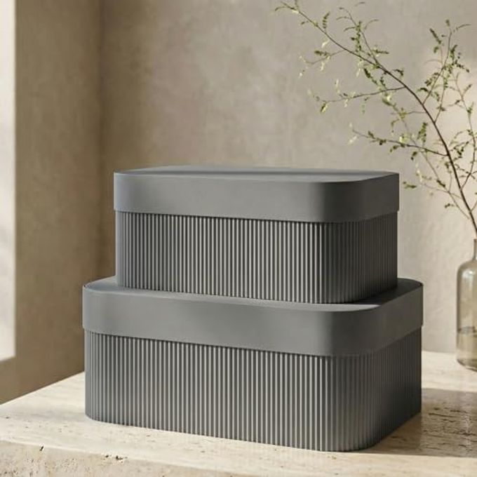 Decorative Storage Boxes with Lids  Set of 2 Beautiful Fluted Cardboard Organizer Bins for Your Home Bookshelf Decor to Safely Store Your Documents, Memory Box Items and Other Keepsakes in Style