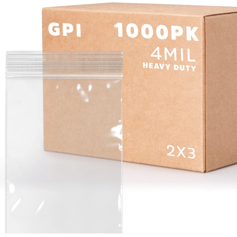 CLEAR PLASTIC REUSABLE ZIP BAGS - Bulk GPI Case of 1000, 2" x 3" 4mil Thick Heavy Duty, Strong & Durable Poly Baggies with Resealable Zip Top Lock For Travel, Storage, Packaging & Shipping.