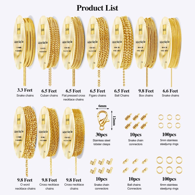 Ecoofor Gold Necklace Chains for Jewelry Making, 75.5 Feet 10 Rolls Jewelry Chains for DIY Necklace Bracelet Jewelry Making with Jump Rings/Lobster Clasps/Connectors - Image 3