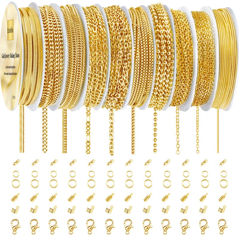 Ecoofor Gold Necklace Chains for Jewelry Making, 75.5 Feet 10 Rolls Jewelry Chains for DIY Necklace Bracelet Jewelry Making with Jump Rings/Lobster Clasps/Connectors - Image 1