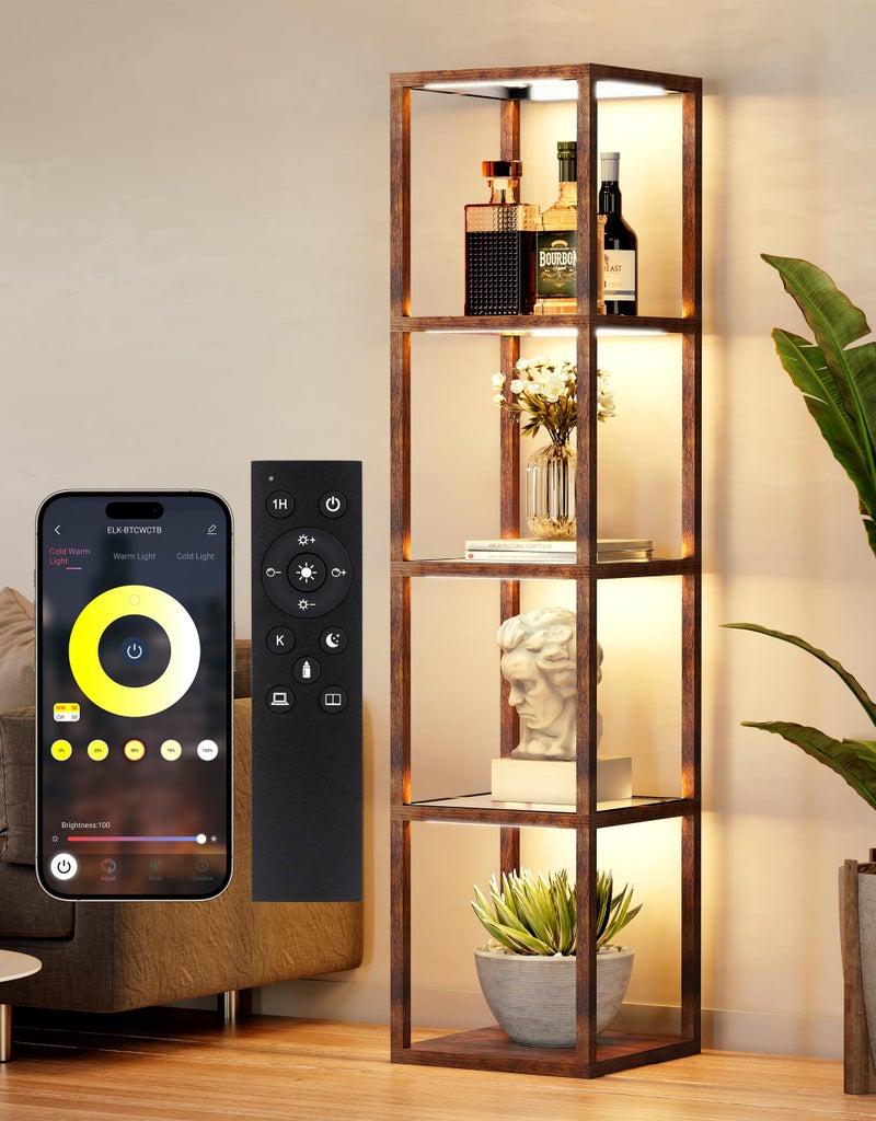 PARTPHONER Floor Lamp Glass Display Shelf with Remote/APP Control, Dimmable LED Floor Lamp with Shelves, Open Display Cabinet, Color Temp Control (2700K-6000K), Rustic Brown - Image 1