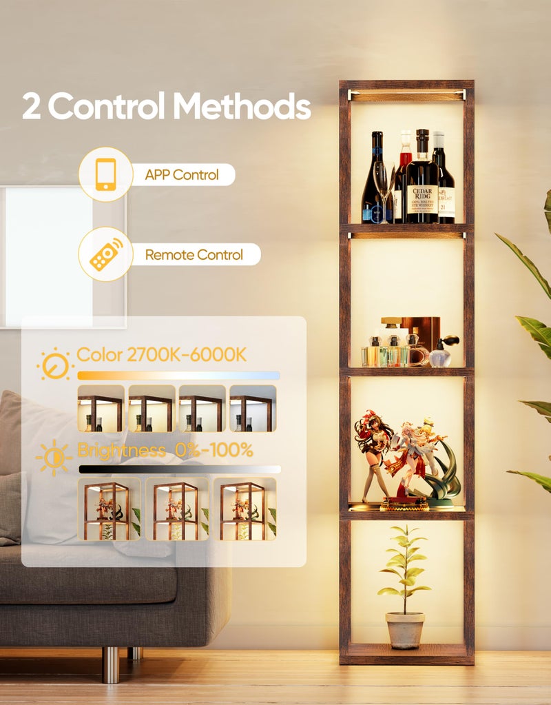 PARTPHONER Floor Lamp Glass Display Shelf with Remote/APP Control, Dimmable LED Floor Lamp with Shelves, Open Display Cabinet, Color Temp Control (2700K-6000K), Rustic Brown - Image 2