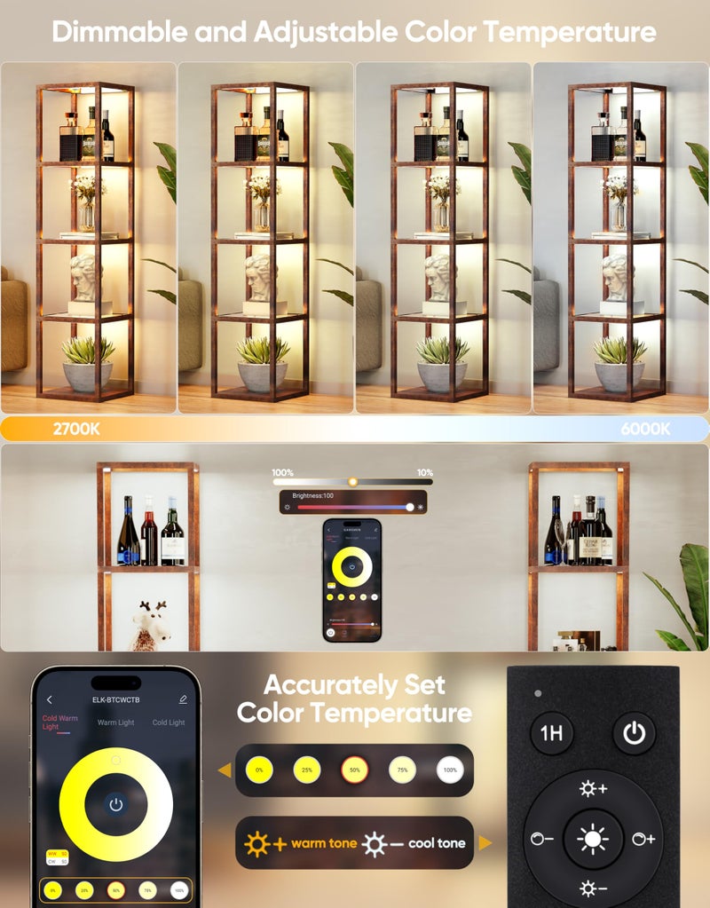 PARTPHONER Floor Lamp Glass Display Shelf with Remote/APP Control, Dimmable LED Floor Lamp with Shelves, Open Display Cabinet, Color Temp Control (2700K-6000K), Rustic Brown - Image 3
