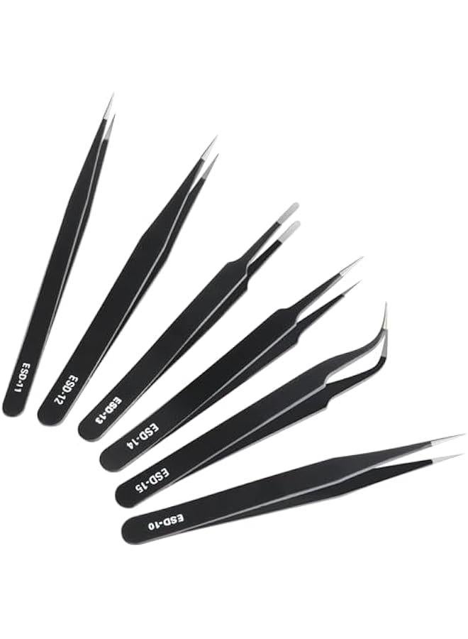 Arabest Set of 6 premium anti-static stainless steel tweezers for electronics, crafts, lab work, jewelry making, and more. Curved ESD tweezers designed for precision.  - Image 1