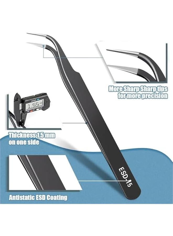 Arabest Set of 6 premium anti-static stainless steel tweezers for electronics, crafts, lab work, jewelry making, and more. Curved ESD tweezers designed for precision.  - Image 2