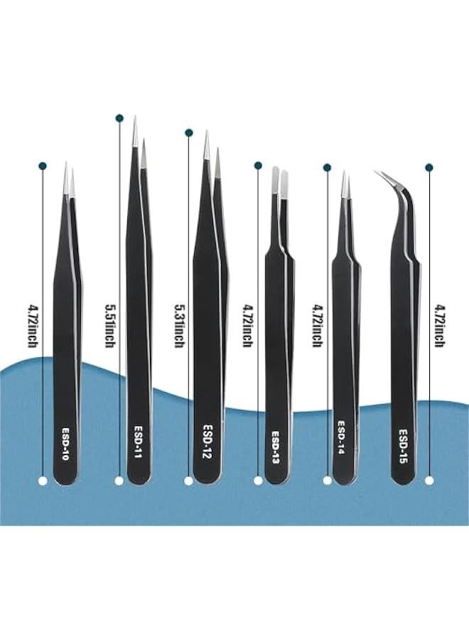 Arabest Set of 6 premium anti-static stainless steel tweezers for electronics, crafts, lab work, jewelry making, and more. Curved ESD tweezers designed for precision.  - Image 3