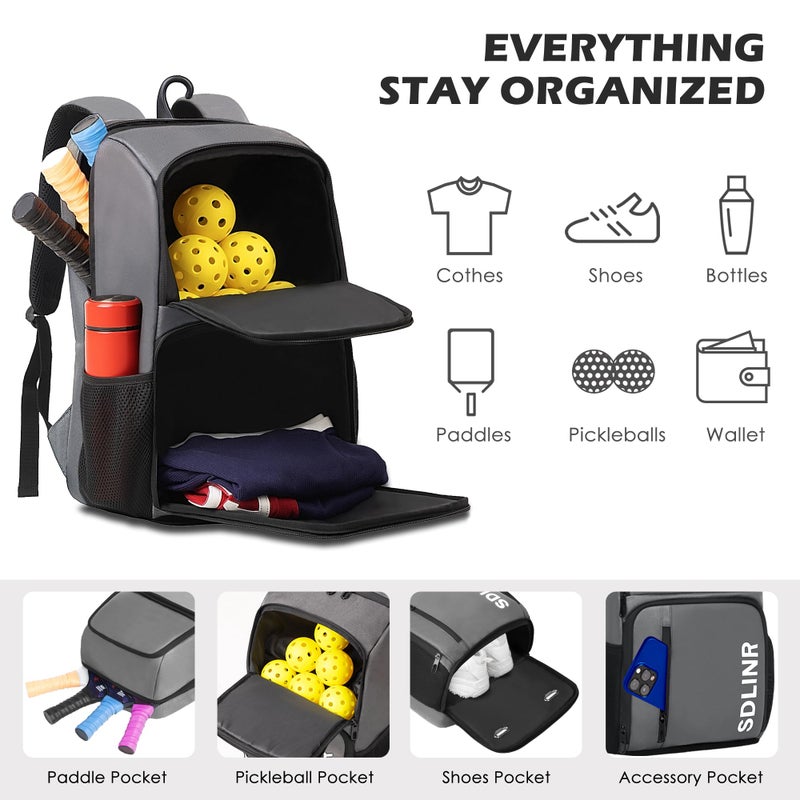SDLINR Pickleball Bag Fits 4 to 10 Paddles, Large Pickleball Backpack with Shoe Compartment and Fence Hook, Pickle ball Gifts for Men Women (Gray) - Image 2