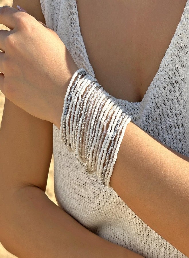 RINHOO Bohemian Seed Beaded Bracelet Set - Adjustable Stretch Stackable Multilayer Elastic Bracelets, Handmade for Women Summer Beach Vacation Jewelry Gifts (style 1-20pcs white) - Image 2