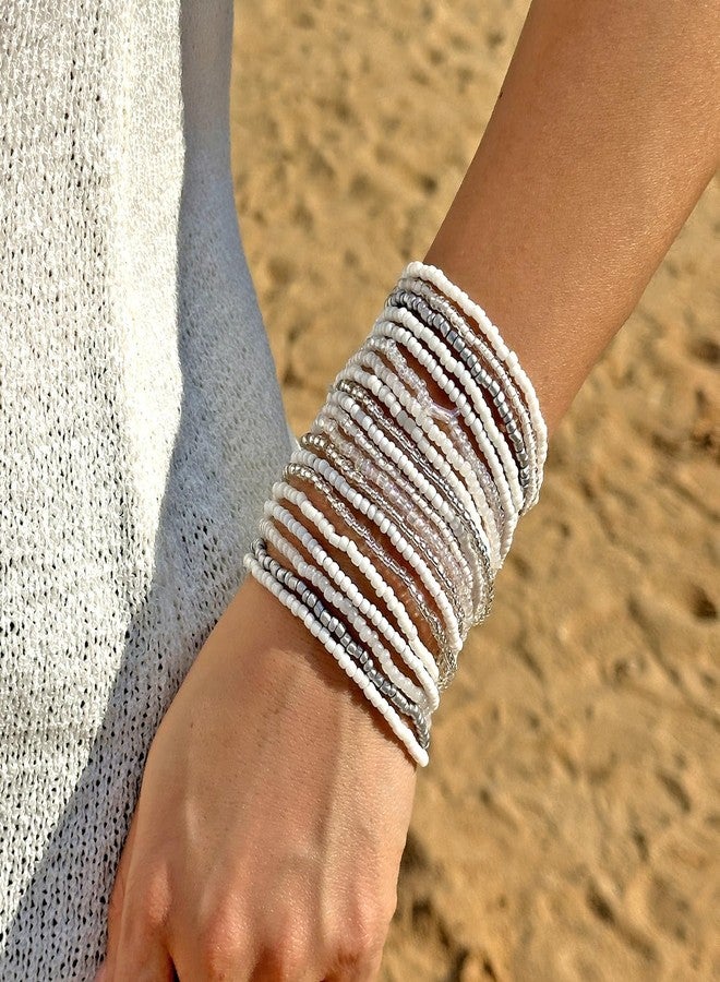 RINHOO Bohemian Seed Beaded Bracelet Set - Adjustable Stretch Stackable Multilayer Elastic Bracelets, Handmade for Women Summer Beach Vacation Jewelry Gifts (style 1-20pcs white) - Image 3