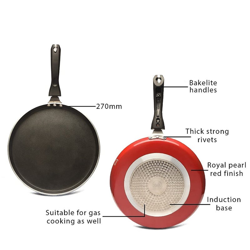RJ kitchenware Store Select Non-Stick Cookware Dosa Tawa with Induction Base,Long Handle, Virgin Grade Aluminium, /Heavy Metals Free, 4mm Thickness, Pearl Red 3 Layers Tawa - Image 2