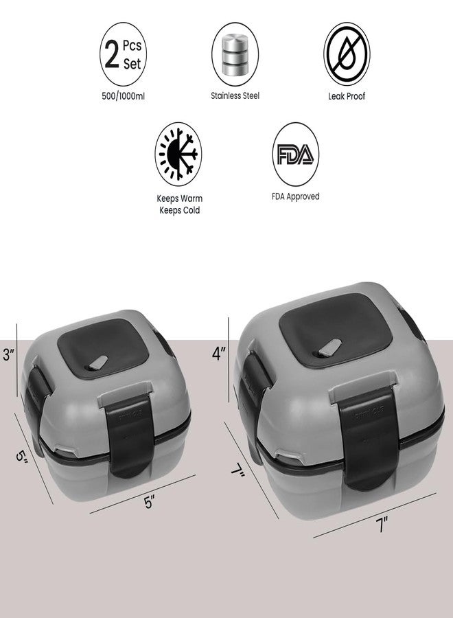 بيناكل علبة غداء معزولة مانعة للتسرب من بيناكل للأطفال/الكبار - علبة غداء حرارية من الفولاذ المقاوم للصدأ للمدرسة، طقم من مقاسين (رمادي، 16-32 أونصة) - Image 4