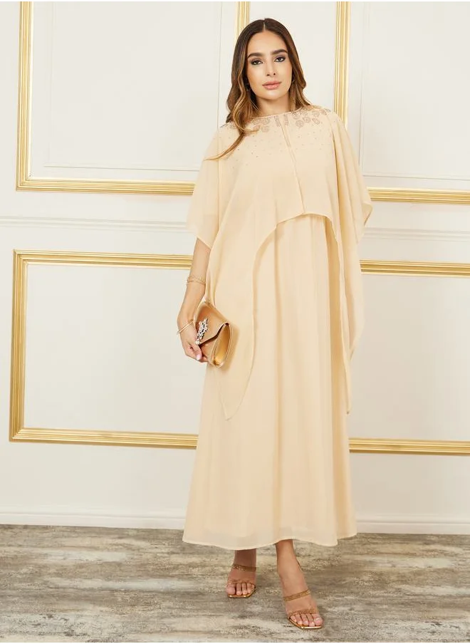 Styli Embellished Cape Sleeves A-Line Maxi Dress