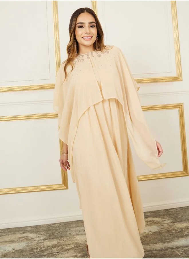 Styli Embellished Cape Sleeves A-Line Maxi Dress